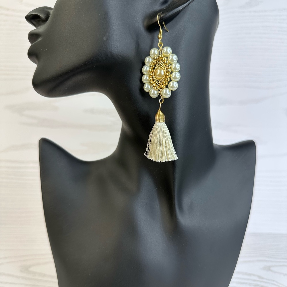 New handmade Elegant Gold and faux Pearl Tassel Earrings 14k gold platted